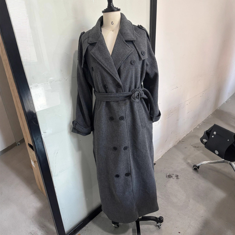 欧美跨境女装速卖通通勤气质翻领长款收腰系带经典款毛呢大衣外套|undefined