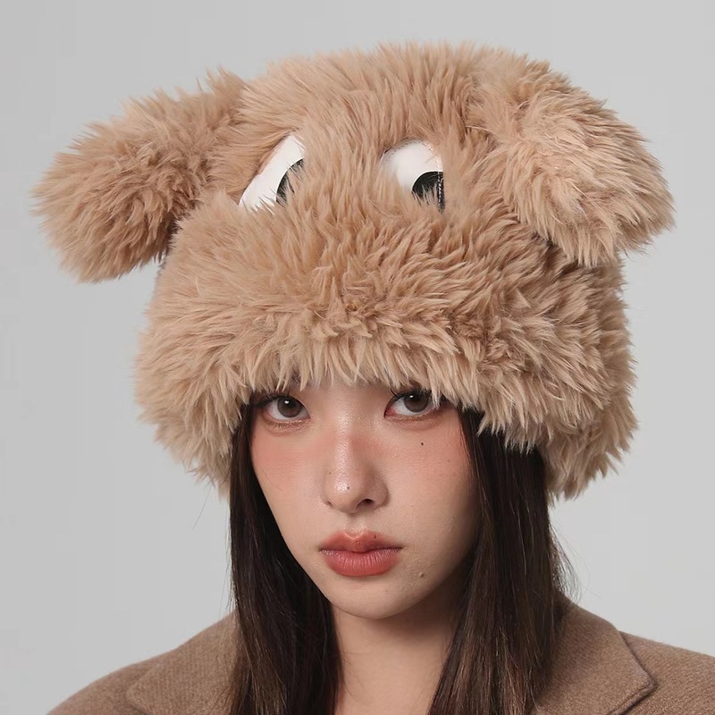 日系搞怪卡通大眼小狗套头帽女秋冬保暖护耳甜美可爱加厚毛绒帽子|undefined