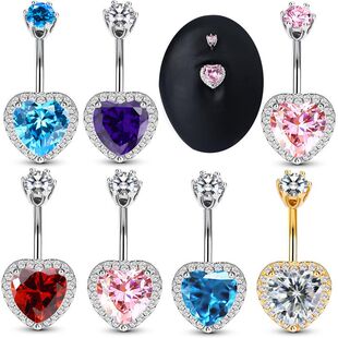 Cross-Border Stainless Steel Belly Button Nail Peach Heart Inlaid with Zircon 6-Claw Head Fashionable Simple Piercing Jewelry Wholesale Ready Stock