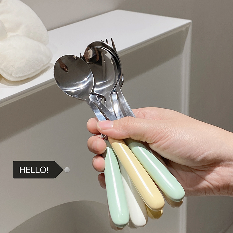 Big Sale Ins Style Cream Yellow Ceramic Handle Stainless Steel Fork and Spoon Set Knife, Fork and Spoon Dessert Spoon Western Food Tableware
