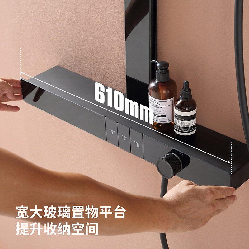 Pistola gris botón temperatura constante ducha baño alargado gran mesa de almacenamiento lluvia voladora sobrealimentada montado en el hogar traje de ducha de baño