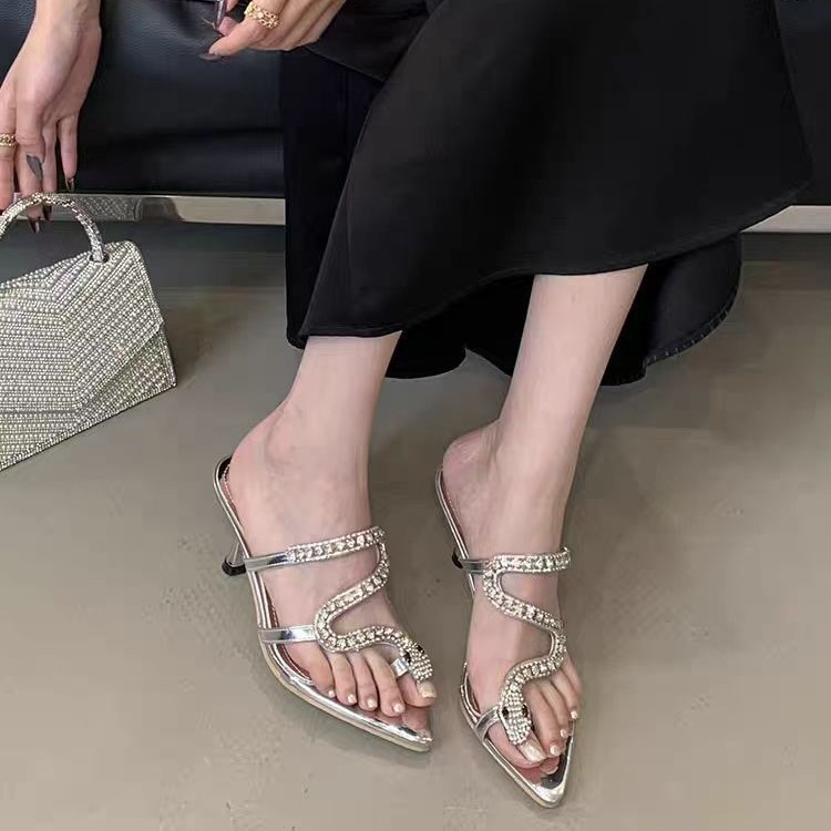 French Pointed Silver Snake Rhinestone High-heeled Shoes Open-toe Fine High-heeled Women's Sandals_voghion.com
