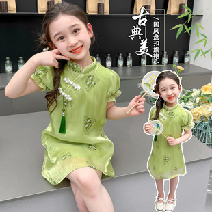 Girls Summer Embroidered Cheongsam Dress 2024 New Chinoiserie Baby Dress Chinoiserie Short-Sleeved Embroidered Skirt Summer Dress
