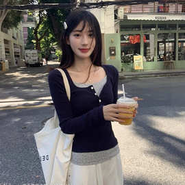 假两件蕾丝花边长袖打底衫2025秋季新款法式外穿正肩T恤上衣女装