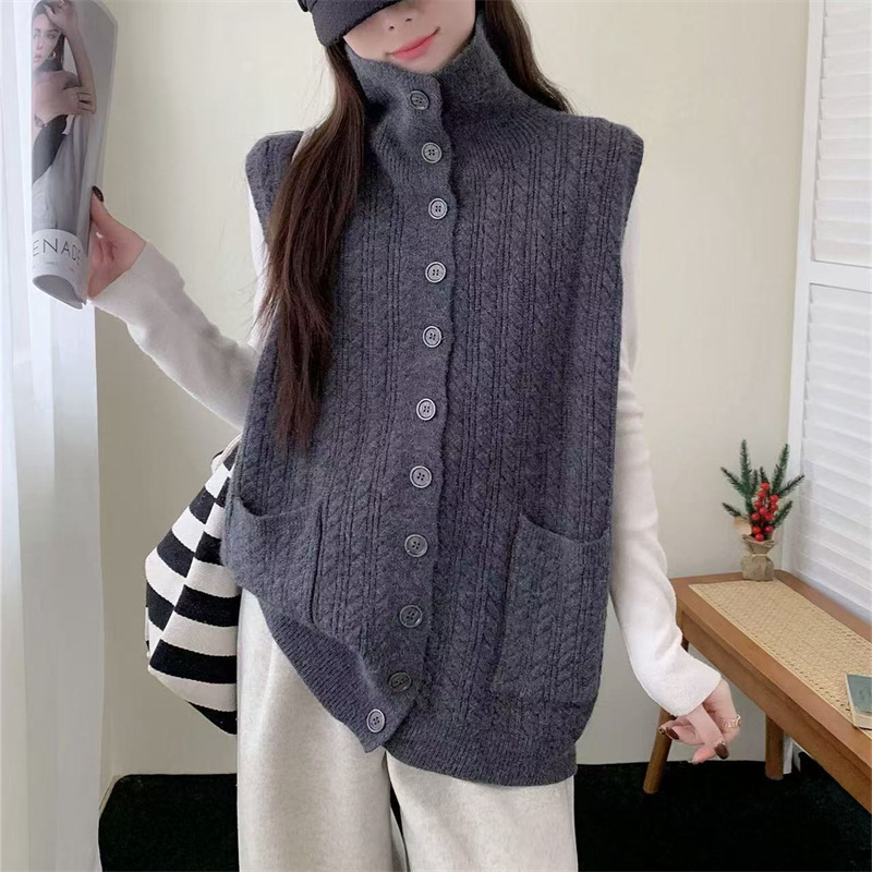 Real Shot of 2026 Autumn and Winter New High-Neck Knitted Vest Cardigan for Women, Sleeveless, Soft and Loose Casual Sweater Top, Trendy