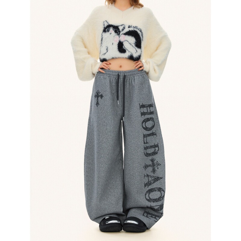Bulu Biscuit American Retro Letter Print Scimitar Sweatpants Women's Street Style Loose Casual Wide-Leg Floor-Length Pants