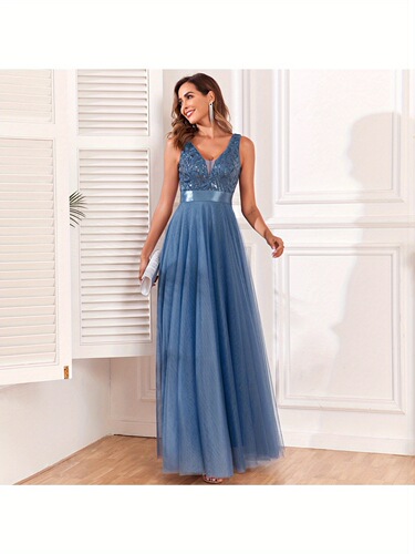 Sequined V Neck Maxi Dress Elegant Sleeves Bridesmaid