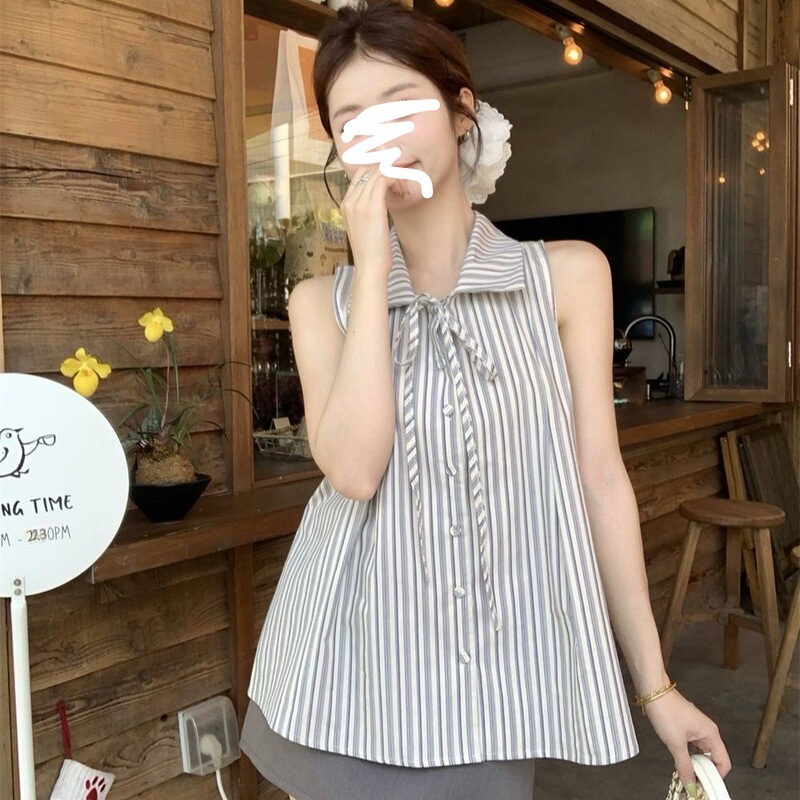 Design French High-grade Striped Bow Shirt 2025 Summer New Sleeveless Top Slimming Vest Women Design French High-grade Striped Bow Shirt 2025 Summer New Sleeveless Top Slimming Vest Women