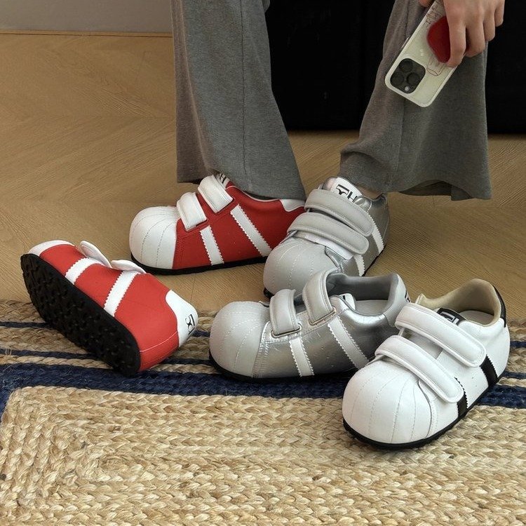 牛皮版~平底内增高阿甘鞋大头丑萌面包休闲鞋女魔术贴运动德训鞋|undefined
