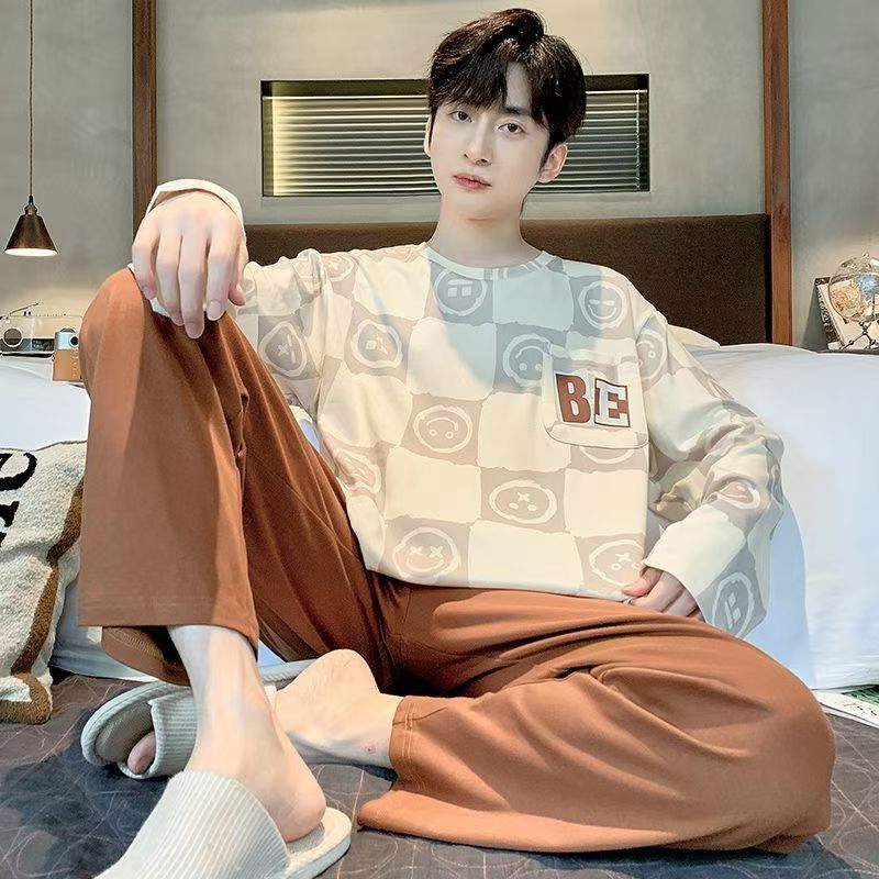 2026 pijamas de manga larga para hombres primavera y otoño simple chaqueta casual juvenil invierno set de ropa de hogar se puede usar para el comercio exterior