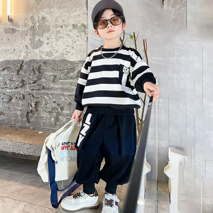 Suéteres de rayas para niños, botas, pantalones, ropa de primavera y otoño, nuevo conjunto de dos piezas moderno y moderno para niños,_voghion.com