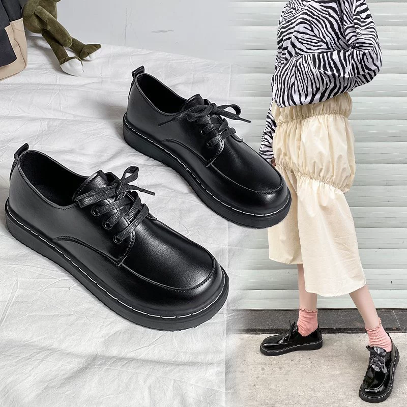 Маленькая кожаная обувь женская 2022 Осень Новый британский стиль на низком каблуке черные ретро толстые туфли с круглым носком кружевные туфли на плоской подошве