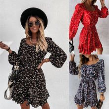 亚马逊跨境欧美秋冬新款小碎花灯笼长袖方领露背短裙荷叶边连衣裙