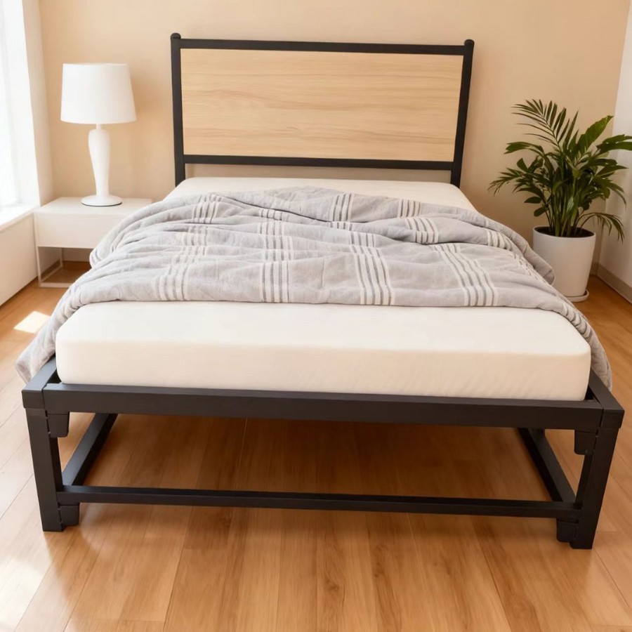 Factory Direct Sales Modern Minimalist Thickened Solid Wood Backrest Bedroom Apartment Rental Room Ribbed Iron Bed Frame