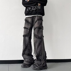 アメリカンハイストリート风高级感水洗い黒ワックスパンツマイクロラッパパンツジーンズブラシコートロングパンツ男