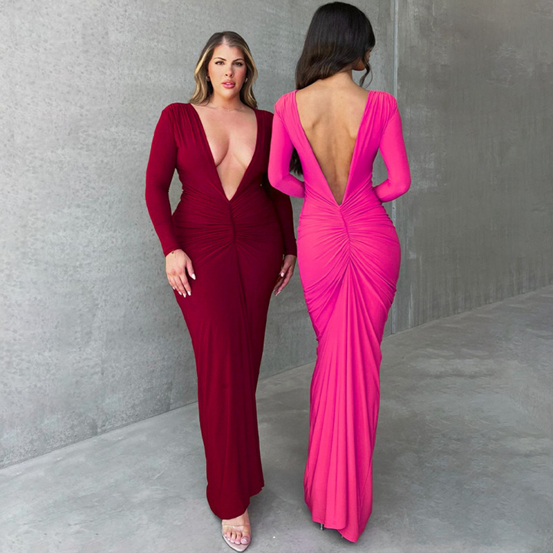 European and American Women's Clothing 2025 Summer New Fashion Sexy V-Neck Slim Pleated Solid Color Long-Sleeve Dress Wholesale for Export European and American Women's Clothing 2025 Summer New Fashion Sexy V-Neck Slim Pleated Solid Color Long-Sleeve Dress Wholesale for Export