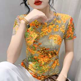 新品亚马逊夏装黄色树叶短袖女式t恤大码休闲棉纱油画碎花上衣薄