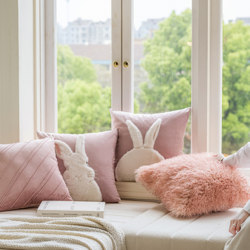 Pink rabbit embroidered pillow case, Dutch velvet thickened cushion, light luxury model room pillow, Nordic style living room pillow