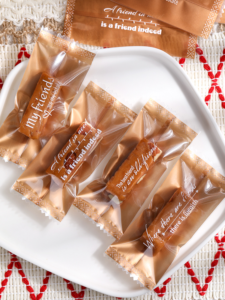 Bolsa de embalaje de nougat, embalaje de toffee, papel de azúcar, bolsas de pastel de leche de mango, sello de máquina transparente, bolsas pequeñas letras esmerizadas