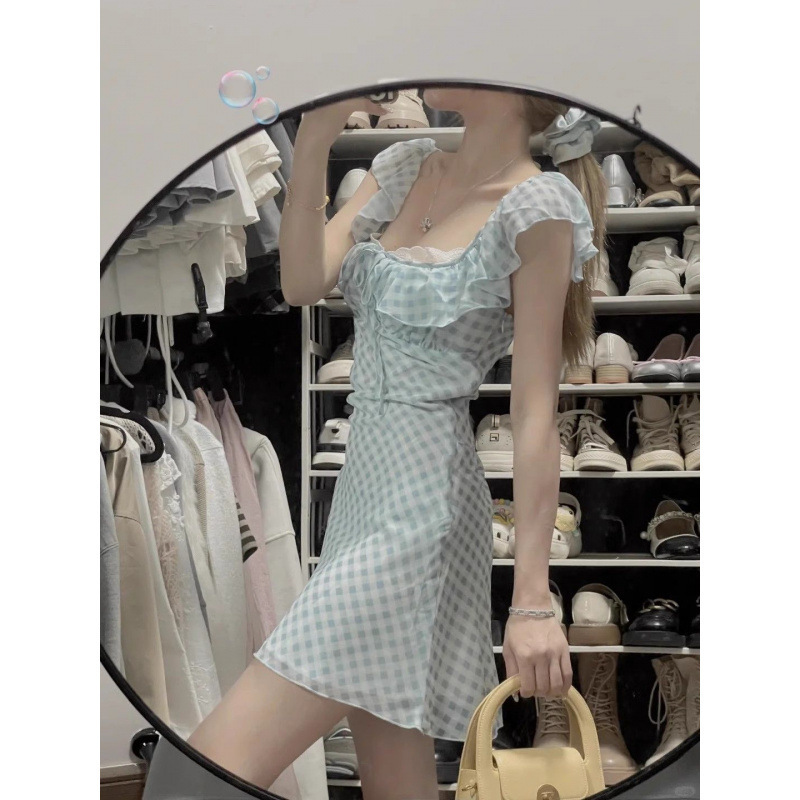 小柄な夏のブルーチェック柄の甘くてスパイシーなドレス女性の新しいウエストレーススカート|undefined