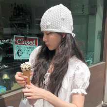 白色系带针织毛线帽韩系ins时尚早秋编织帽时尚百搭2025新款女潮