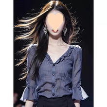 蓝色雪纺衬衫泡泡夏季2025气质小衫新款短袖法式中袖香风上衣