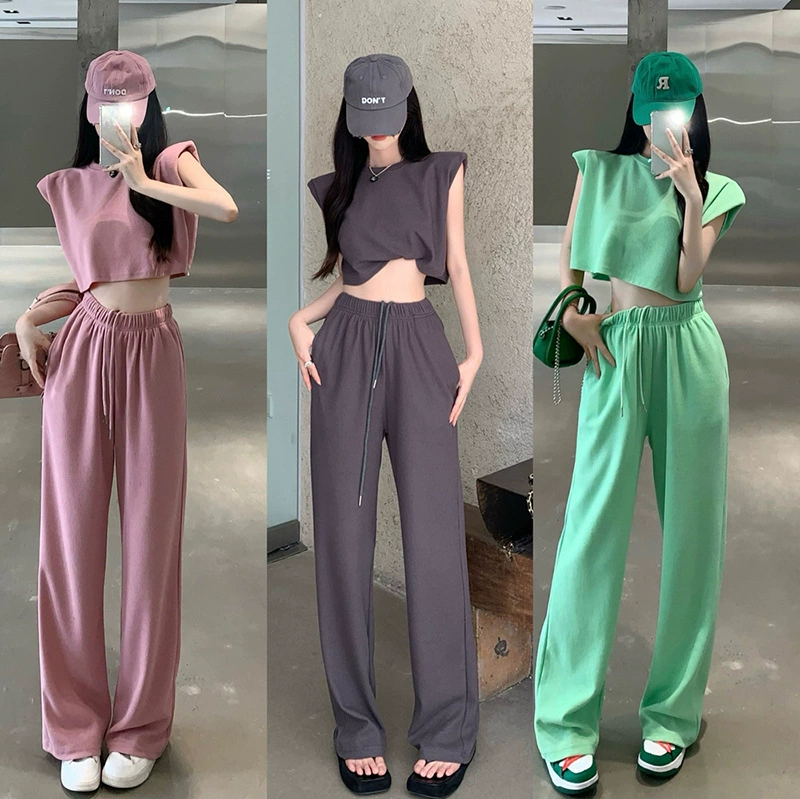 Женский Повседневный костюм в Корейском стиле, топ без рукавов, свободные широкие брюки с драпировкой, летний модный спортивный комплект из двух предметов