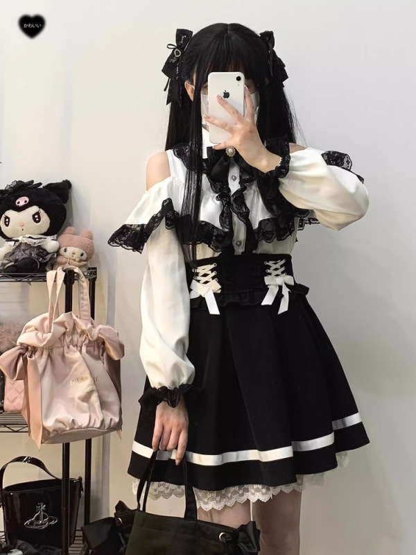 日系甜美蕾丝花边露肩长袖衬衫+Lolita蝴蝶结绑带蓬蓬裙两件套|undefined