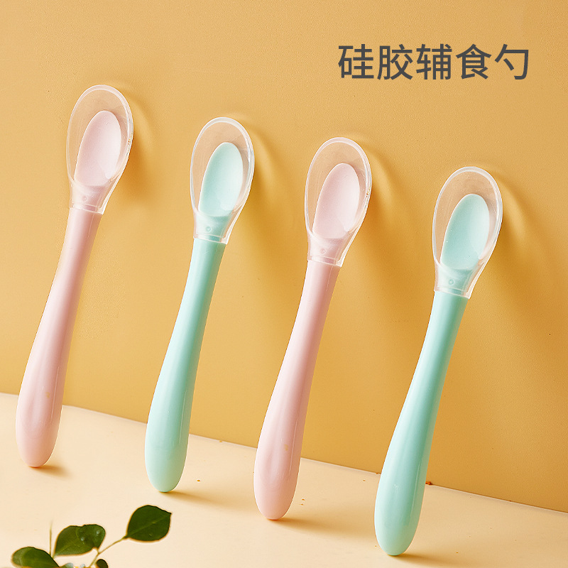 新款廠家嬰兒硅膠勺子兒童訓練勺硅膠軟頭勺子寶寶餵養勺廠家直銷