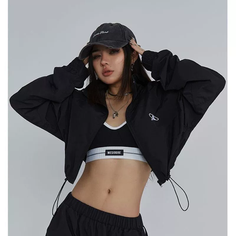 Sports jacket women, long-sleeve American style, embroidered, loose fit cropped with drawstring