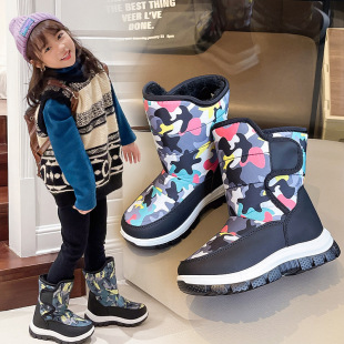 Children's Snow Boots Girls Winter New High-top Striped Soft-soled Cotton Boots fleece-lined Thickened Warm Children's Cotton Shoes