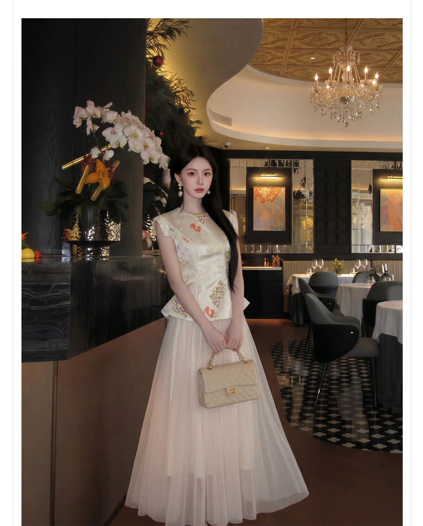 Bộ áo vest gile và chân váy lưới thêu hoa phong cách tân cổ điển — bộ đồ, nửa váy, Áo khoác màu mơ chi tiết 8
