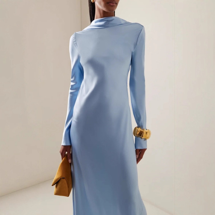 Supermodel Catwalk Large Backless Right-Angle Shoulder Long-Sleeved Waist Fishtail Dress Host Banquet Annual Meeting Evening Dress