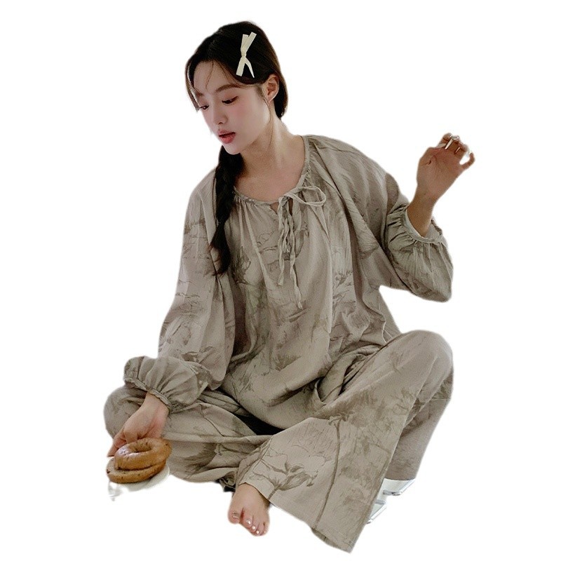 봄 여름 레이스업 클라우드 코튼 여성 잠옷, 홈웨어 투피스 세트, 플라워 아티스틱 라운드넥, 투피스 긴팔 바지