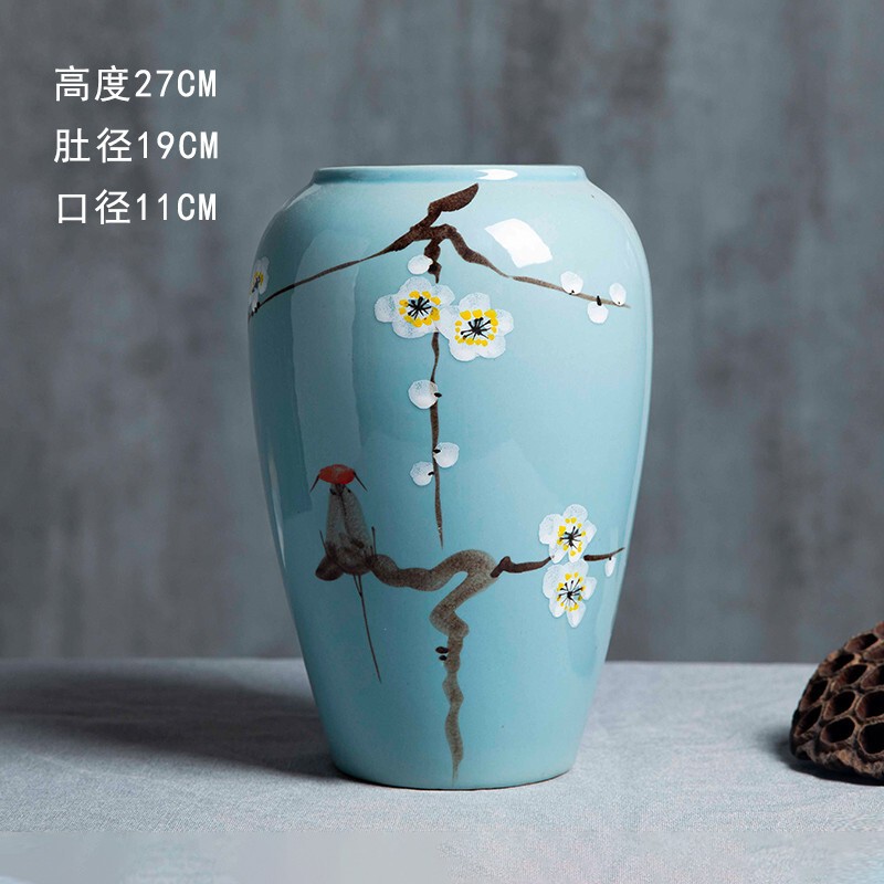 景徳鎮の陶磁器の花瓶の置物の客間の生け花の新しい中国式の玄関の装飾品の花器の復古の太い陶缶の植木鉢|undefined