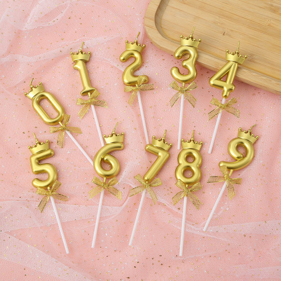 Golden Crown Bow Digital Candle Birthday Cake Flag Children Year Old Baking Cake Decoration Plug-in