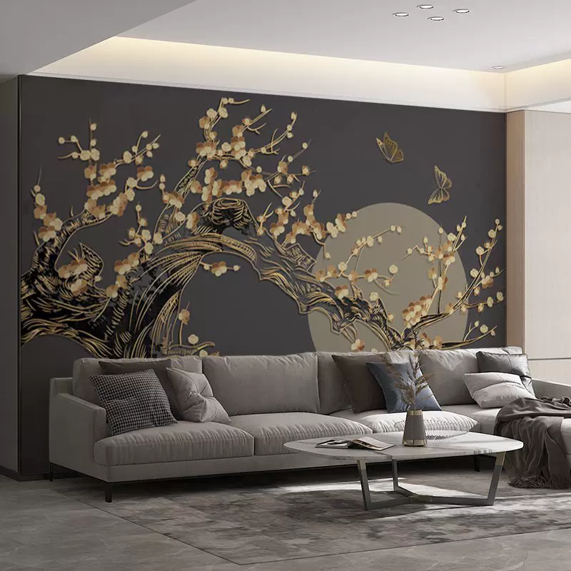 中式客厅电视背景壁纸现代手绘梅花轻奢装饰墙纸立体无缝浮雕壁画