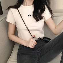 韩国女装2024新款黑白上衣修身显瘦短袖T恤女月亮印花夏