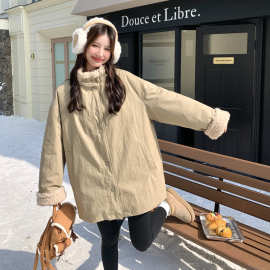 卡其色羊羔毛立领羽绒服女中长款2025冬季新款韩版加厚保暖派克服