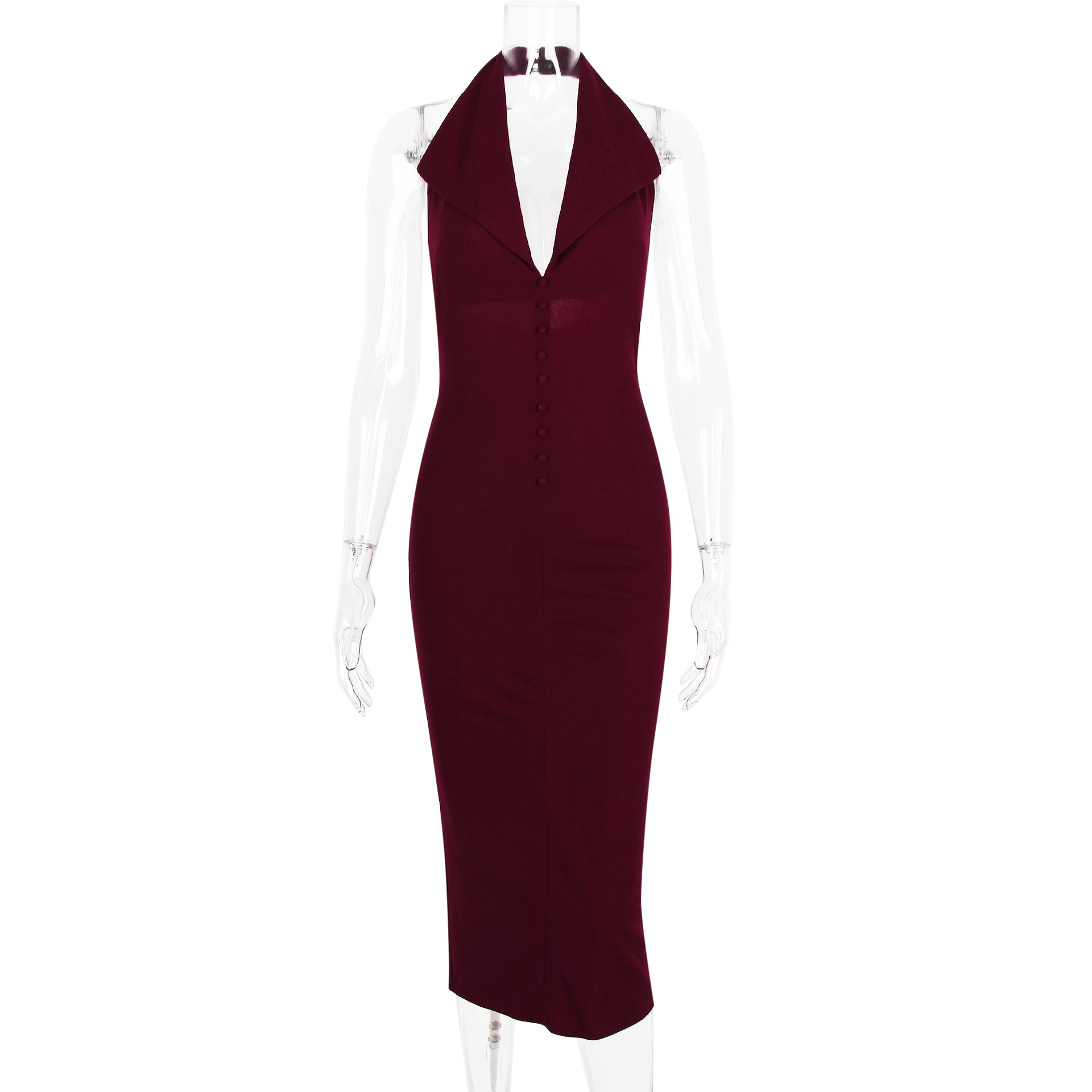 Sexy Women Clothing Sexy Backless V neck Midi Dress Skinny Sheath Split Halter Dress