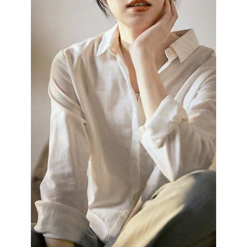 Japanese-Style Commuter Simple Soft Comfortable Double-Layer Gauze All-Cotton Loose Casual Long-Sleeve Pointed Collar Shirt Top for Women