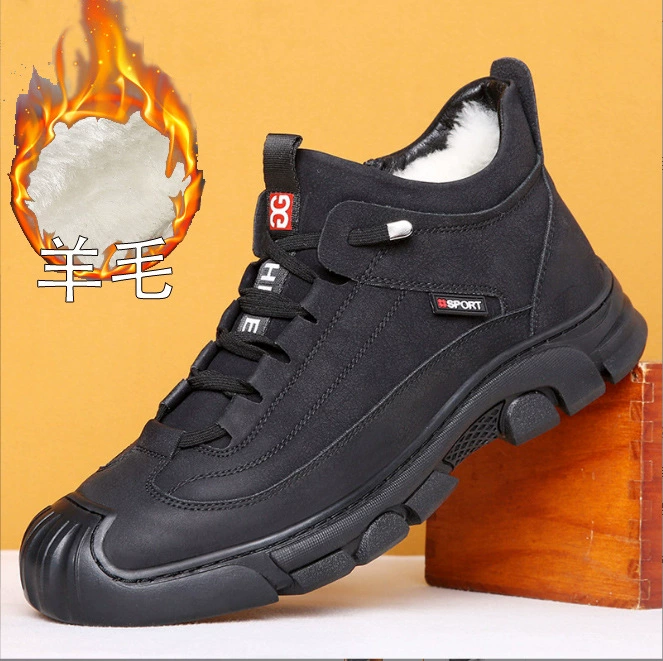 Зимняя хлопчатобумажная обувь, Мужская натуральная кожа, шерстяной мех, Холодостойкие Нескользящие теплые утолщенные Северо-восточные зимние сапоги на флисовой подкладке для мужчин