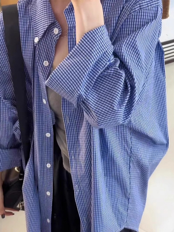 高级感超好看宽松蓝色显瘦衬衣秋季新款女百搭慵懒风格子衬衫休闲|undefined