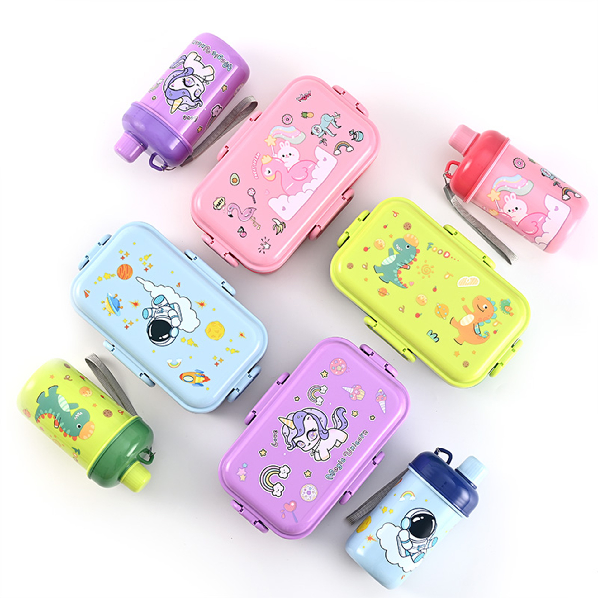 Juego de botella de agua de lonchera de dibujos animados de venta caliente para estudiantes y niños, caja bento de alto valor de color lindo con taza de agua potable directa