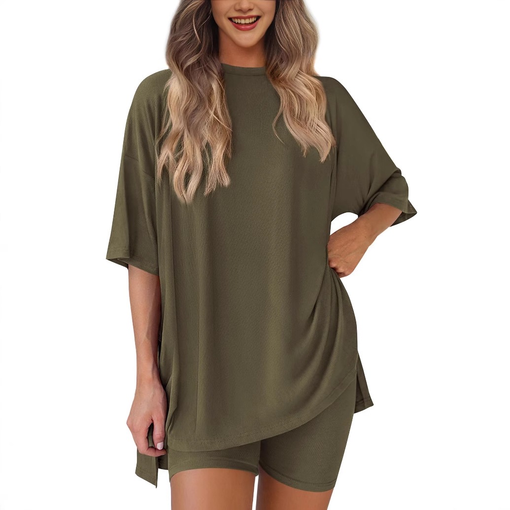 2025 Spring Summer European And American Cross-Border New Loose Fashion Solid Color Casual Short Sleeve Shorts_ecoleips.com
