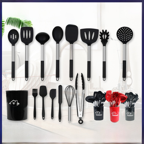 Amazon Silicone Kitchenware 15-Piece Set Soup Spoon Pot Spatula Stainless Steel Handle Scoop Household Kitchenware Set 