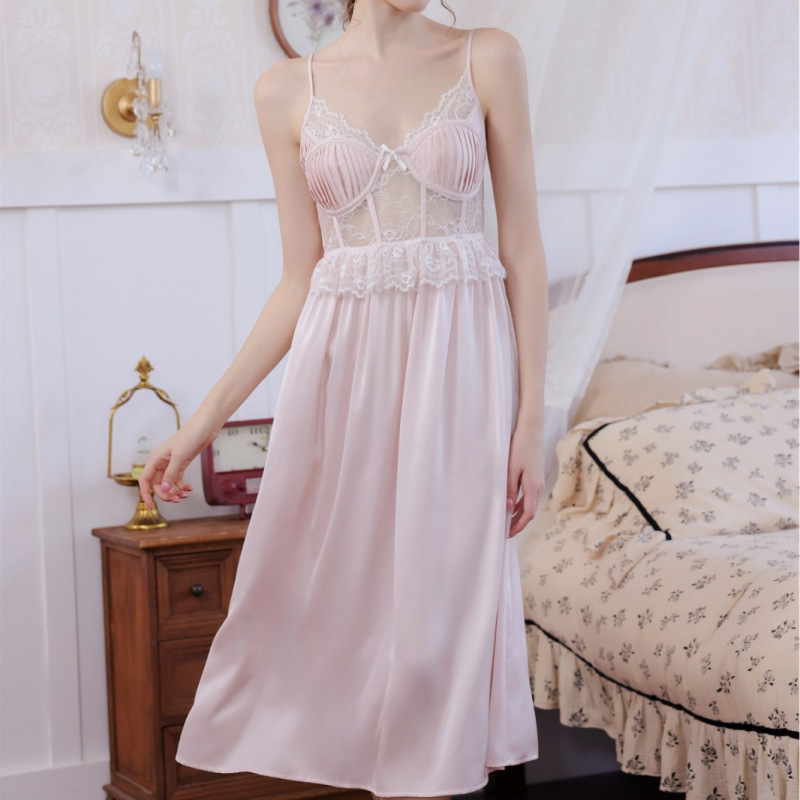 봄과 여름 나이트드레스, 가운, 프랑스 스타일, 섹시, 순수한 욕망, 서스펜더 파자마, 투피스 세트, 레이스, 피쉬본, 중간 길이, 가슴 패드가 있는 여성