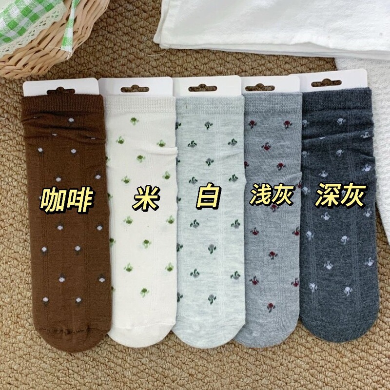 秋冬新款简约风优雅千金感堆堆袜小清新纯色系小碎花中筒袜女法式|undefined