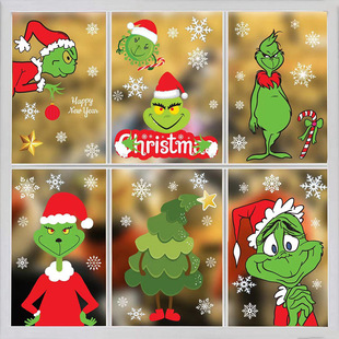 Cross-Border Grinch Growingch Christmas Window Sticker Santa Claus Party Window Snowflake Static Sticker Wholesale Window Door