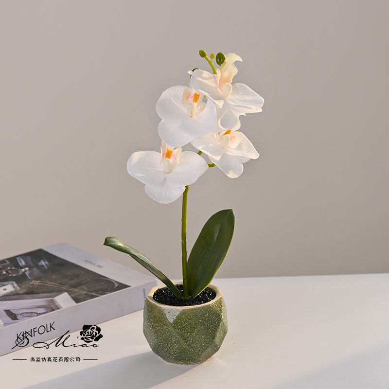 Flor artificial de Phalaenopsis de 4 flores, pequeño bonsái, decoración floral creativa y moderna, adorno, planta verde artificial, planta artificial en maceta image 5
